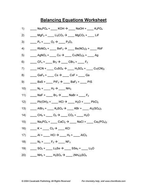 balancing equations worksheet answer key 1-20